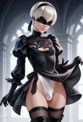 1boy 1femboy 2026 ai_generated balls black_boots black_dress black_long_boots black_stockings blindfold blindparty boots bulge civitai cosplay crossdressing crossplay dress femboy feminine_male girly highleg highleg_leotard leotard lifting lifting_dress lifting_own_clothes lifting_own_dress long_boots nier:_automata nier_(series) penis penis_shaped_bulge standing stockings testicles thighs trap white_hair white_leotard wide_hips yorha_2b_(cosplay) yorha_9s