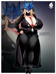1girls beelstarmon big_ass big_breasts black_dress blonde_female blonde_hair chorquistudios clothed clothed_female commission cosplay cynthia_(pokemon) cynthia_(pokemon)_(cosplay) digimon digimon_(species) dress female game_freak huge_ass huge_breasts human humanoid lips lipstick milf pokemon pokemon_dppt purple_eyes solo solo_female standing the_pokemon_company