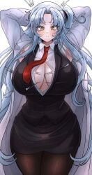 angela_(lobotomy_corporation) armpits big_breasts blue_hair boob_window busty busty_female curvy curvy_female dress fully_clothed hands_behind_head labcoat lobotomy_corporation long_hair pantyhose ponytail pose project_moon ripped_clothing side_ponytail thick_thighs wide_hips