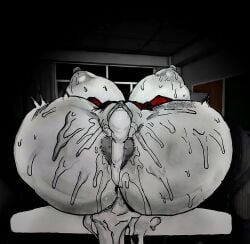 1girl after_sex akari_(the_mimic) creampie cum_drip cum_in_pussy cum_overflow excessive_cum explicit ghostfacik glistening_skin huge_ass huge_breasts ink legs_spread lineart monochrome nsfw roblox roblox_game school_uniform sketch solo spread_legs sweat sweaty the_mimic traditional_media