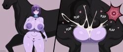 1animal 1boy 1girls 2d artist_name bestiality black_sclera cum cumshot heart_symbol horse impregnation mating_press notkadraw oc original_character purple_skin red_iris sperm_cell sperm_meets_ovum vaginal_penetration zoophilia