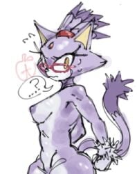 1girls apple_whore blaze_the_cat glasses nervous nude nude_anthro nude_female purple_fur red_glasses sonic_(series) sonic_the_hedgehog_(series) tagme