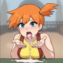 1girls ai_generated blue_eyes cum cum_in_mouth eating_cum female female_focus female_only game_freak horny horny_female kasumi_(pokemon) misty_(pokemon) orange_hair pokemon self_upload solo solo_female solo_focus swallowing swallowing_cum tongue tongue_out