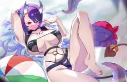 1girl 1girls arm_behind_head armpits baddie ball beach beachball big_breasts bikini black_bikini breasts captain_hannah cleavage daaku_(koizumi_arata) facial_mark feet female gradient_horns heart heart-shaped_eyewear heart_facial_mark highres horn_ornament horn_ring horns indie_virtual_youtuber large_breasts legs long_hair looking_at_viewer lying multicolored_horns on_back oni pink-tinted_eyewear pointy_ears purple_hair red_eyes skin-covered_horns skull_and_crossbones solo sunglasses swimsuit tail tail_ornament tentacles tinted_eyewear tits toes virtual_youtuber vtuber water