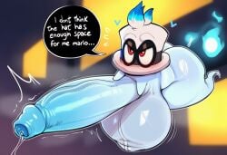 ai_generated balls big_balls big_penis blue_body blue_genitals blue_penis blush bodily_fluids butt cappy_(mario) clothing dialogue english_text erection foreskin genital_fluids genitals ghost glans headgear headwear heart_symbol hellsonger huge_balls huge_penis humanoid_genitalia humanoid_penis hyper hyper_balls hyper_genitalia hyper_penis male mario_(series) nintendo penis precum red_eyes solo speech_bubble spirit super_mario_odyssey text vein