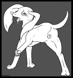 2014 anatomically_correct_pussy animal_genitalia backlash91 canine canine_pussy claws drooling female feral grey_background looking_at_viewer looking_back mammal open_mouth plain_background pussy saliva solo sweat toe_claws tongue tongue_out
