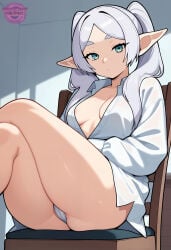 1girl ai_generated areola_slip breasts cameltoe chair elf elf_ears elf_female elf_girl expressionless fanart female female_focus female_only frieren frieren_beyond_journey's_end green_eyes jorgecarlosai legs legs_crossed long_hair looking_at_viewer no_bra no_pants open_shirt oversized_shirt panties pointy_ears sexy sexy_body sexy_female sexy_pose silver_hair sitting small_breasts sousou_no_frieren twintails twintails_(hairstyle) unbuttoned unbuttoned_shirt watermark white_panties white_shirt