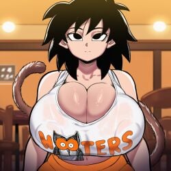 ai_generated dragon_ball gine hooters hooters_uniform large_ass large_breasts milf novelai saiyan see_through_clothing wet_shirt