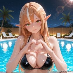 1girl ai_generated bangs bare_shoulders bikini black_bikini blonde_hair blush braid breasts cleavage closed_mouth collarbone earrings elf fangs green_eyes hair_between_eyes head_tilt heart heart_hands hololive jewelry kermixx large_breasts long_hair looking_at_viewer multicolored_hair night night_sky outdoors pointy_ears pool shiny shiny_skin shiranui_flare sky smile solo star_(sky) starry_sky streaked_hair swimsuit tree upper_body virtual_youtuber water wet white_hair