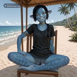 1girl ai_assisted ai_generated armlet avatar barefoot beach beautiful black_hair braid colored_skin day dress general gold_choker grayscale grin high_contrast highres indian_style indoors looking_at_viewer navi no_nose ocean outdoors palm_tree pants perfect_anatomy pussy sand sharp_teeth shirt short_sleeves sitting sitting_on_chair slit_pupils smile smug socks tree upskirt_view water yellow_eyes