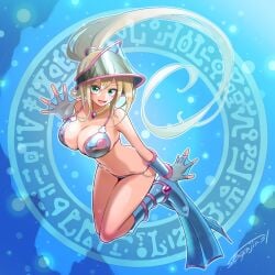 bathing_suit bikini choker cosplay dark_magician_girl flippers large_breasts looking_at_viewer see-through_clothing sengenjin31 smiling_at_viewer webbed_gloves yu-gi-oh!