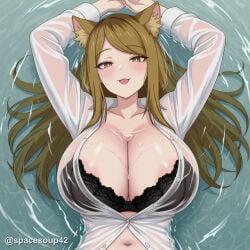 1girl :3 ai_generated animal_ear_fluff animal_ears areola_slip arms_up black_bra blush bra breasts bright_pupils brown_eyes brown_hair cat_ears cleavage collarbone collared_shirt dress_shirt from_above huge_breasts kansai_neko_(yani_neko) lace-trimmed_bra large_breasts long_hair long_sleeves looking_at_viewer lying navel on_back open_clothes open_mouth open_shirt partially_submerged see-through shirt smile solo stomach swept_bangs twitter_username underwear upper_body water wet wet_clothes wet_shirt white_pupils white_shirt yani_neko
