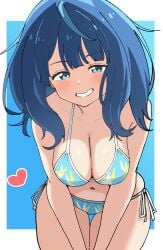 1girls aqua_bikini bare_arms bare_shoulders barefoot big_breasts bikini blue_eyes blue_hair breasts busty cleavage collarbone commentary_request confident female female_only hair_between_eyes half-closed_eyes hands_on_legs hands_on_own_legs hands_on_own_thighs hands_on_thighs highres large_breasts leaning_forward long_hair looking_at_viewer make_heroine_ga_oo_sugiru! navel open_mouth ponytail pose posing seductive seductive_look seductive_smile sensual sexy sexy_pose side-tie_bikini_bottom sidelocks smile solo string_bikini swimsuit teeth thighs toes upper_body voluptuous yanami_anna