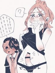 1boy 1girl ? ?? bar_censor blush censored clothes_lift collared_shirt commentary_request contrast_collar covering_own_mouth cowboy_shot dark-skinned_male dark_skin erection futanari hand_over_own_mouth harmony_(pokemon) highres lifting_own_clothes maru_(hachi_47923) monochrome naveen_(pokemon) navel necktie panties penis penis_in_panties pokemon pokemon_legends:_z-a shirt shirt_lift short_hair spoken_question_mark sweat sweater_vest tank_top underwear wavy_mouth