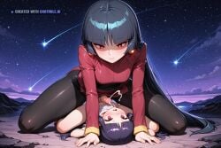 1girl ai_assisted ai_generated beautiful_eyes black_hair blunt_bangs cowgirl_position cum eyelashes full_body futanari little_penis long_hair mother_and_daughter night projectile_cum purple_hair red_eyes sabrina_(pokemon) sex size_difference small_penis solo stars