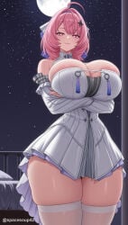 1girl ahoge ai_generated areola_slip armpit_crease arms_under_breasts bare_shoulders bed blush breasts cleavage closed_mouth crossed_arms detached_sleeves dress full_moon hair_intakes hair_ornament hair_ribbon huge_breasts long_sleeves looking_at_viewer medium_hair moon night night_sky pink_eyes pink_hair remielle_dan ribbon short_dress skindentation sky smile solo star_(sky) star_(symbol) starry_sky thick_thighs thighhighs thighs white_dress white_thighhighs wide_hips zenless_zone_zero