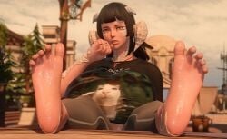 au_ra big_breasts breasts clothed clothing dragon_horns eye_tattoo female female_only final_fantasy_xiv foot_fetish foot_focus gpose(ffxiv) gpose_(ffxiv) horns looking_at_viewer looking_bored meme_attire mistpirit scales shirt sweat sweaty sweaty_body white_scales white_skin yellow_eyes
