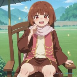 1girl ai_assisted ai_generated beautiful blush brown_hair d day demon_lord dress general grass grayscale grin happy high_contrast highres indoors japanese_clothes long_sleeves looking_at_viewer no_nose open_mouth outdoors perfect_anatomy pink_scarf pussy red_eyes scarf sharp_teeth short_hair sitting_on_chair slit_pupils smile smug socks solo source_anime sparkle upper_body upskirt_view wide_sleeves
