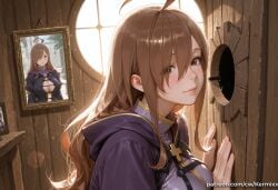 1girl ahoge ai_generated bangs blush breasts brown_eyes brown_hair cleavage closed_mouth cross hair_between_eyes hair_over_one_eye indoors kermixx kono_subarashii_sekai_ni_shukufuku_wo! large_breasts lips long_hair looking_at_viewer picture_frame robe smile solo sunlight upper_body watermark web_address window wiz_(konosuba)