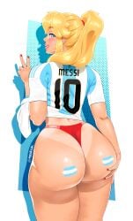 1girls argentina artist_name ass ass_grab big_ass blonde_hair blue_eyes blush fat_ass female female_only half-closed_eyes hand_on_ass highres huge_ass legs long_hair looking_at_viewer looking_back mario_(series) midriff mikazgal nintendo parted_lips pink_lips ponytail pose posing princess princess_peach seductive seductive_look seductive_smile sexy sexy_pose smile soccer soccer_uniform solo sportswear tan tanline teeth thick_thighs thighs thong v voluptuous