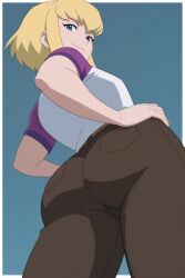 1girl _yumidreams ai_generated ass ass_focus bangs blonde_hair blue_background blue_eyes brown_pants dc dc_comics from_behind from_below hands_on_hips kara_zor-el looking_at_viewer looking_back looking_down my_adventures_with_superman pants patreon_username raglan_shirt raglan_sleeves shirt short_hair short_sleeves smile solo supergirl t-shirt white_shirt