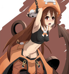 after_sex anchor armpits brown_eyes brown_hair chains cum cum_in_pussy cum_inside female fingerless_gloves guilty_gear guilty_gear_xrd highres infraton long_hair may_(guilty_gear) overalls pirate pirate_hait pussy restrained saliva small_breasts tongue_out uncensored