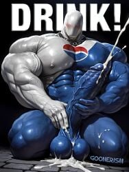 1boy abs ai_art ai_generated balls bara biceps big_balls big_muscles big_penis blue_body blush blushing chain_necklace cum cum_on_balls cum_on_ground cumshot faceless gay goonerism holding_penis huge_cock humanoid kneeling logo male_masturbation masturbation muscular muscular_male necklace nipples no_face patreon penis pepsi pepsiman self_upload solo thick_cum two-tone_hair veiny_penis watermark white_body yaoi