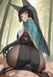 1boy 1girls ai_generated animal_ears anime artist_name ass ass_grab black_hair black_male_underwear black_skirt blunt_bangs breasts bulge buttjob closed_mouth dress erection erection_under_clothes forest fox_ears fox_girl from_behind green_cape hetero hi_res high_quality high_resolution highres hime_cut hoshimi_miyabi hoyoverse humping large_breasts long_hair looking_at_viewer looking_back male_underwear mihoyo nature nuunaki outdoors pantyhose patreon patreon_logo patreon_url patreon_username pov pov_crotch red_eyes sitting_on_person smile solo_focus straddling underwear watermark zenless_zone_zero