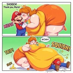 1boy 1girl1boy 1girls belly_smother big_belly crushing huge_belly kissing mario mario_(series) princess_daisy squashing ssbbw
