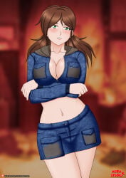 1girls 2d 2d_(artwork) absurd_res absurd_resolution aurastudio beautiful_girl beautiful_woman belly blue_miniskirt blue_skirt brown-haired_female cleavage cleavage_cutout collarbone content_smile denim_jacket denim_skirt female_focus female_only freckles freckles_on_face green_eyes high_resolution huge_breasts jean_skirt leaning_aside leaning_to_the_side long-haired_female massive_breasts mature_female mature_woman miniskirt nameless_character navel navy_blue_skirt oblivious_sexualization original skirt text unbothered unnamed_character watermark white_woman