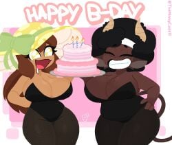 2025 2girls african_female afro amazed artist_logo artist_name big_boobs big_breasts big_hair big_tits birthday black_hair bovine_humanoid brown_hair brown_skin cleavage cleavage_overflow color colored cow_ears cow_girl cow_tail curvy curvy_female dark-skinned_female dark_hair drooling eyes_closed eyes_covered female female_focus female_only fishnets fluffy_hair freckles freckles_on_chest freckles_on_face grin half_naked hand_on_hip happy happy_birthday happy_female headband horns huge_breasts huge_tits leggings long_hair original_character short_hair smiling smiling_at_viewer sunhat tagme tail tan_skin text themintycafe11 thick thick_thighs wide_hips
