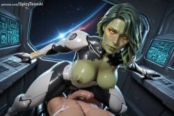 1boy 1girl ai_generated black_hair breasts gamora hetero hi_res high_quality high_resolution large_breasts marvel_comics medium_breasts monitor nipples patreon pov restrained science_fiction seductive sexy space spicytoonai sweat torn_clothes uncensored watermark