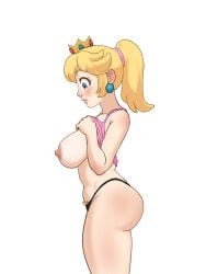 1girls ass big_ass big_breasts blonde_hair blue_eyes blush breasts busty clothes_lift fat_ass female female_only from_side hands_on_chest hands_on_own_chest highres large_breasts legs long_hair looking_down lotusgun mario_(series) navel nintendo nipples pink_lips ponytail princess princess_peach pubic_hair pubic_hair_peek sexy sideboob tank_top thick_thighs thighs thong voluptuous