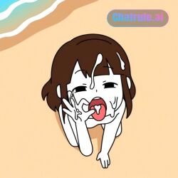 1girl ai_assisted ai_generated awaiting_cum beach black_eyes brown_hair cum_in_hair cum_on_face cum_on_hands fellatio_gesture full_body kneeling medium_hair naked open_mouth oral_invitation partially_colored tongue_out view_from_above white_skin