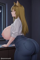1girl ai_generated animal_ear_fluff animal_ears ass breasts breasts_out brown_eyes brown_hair denim fox_ears fox_girl huge_ass huge_breasts indoors jeans kansai_neko_(yani_neko) long_hair looking_at_viewer looking_back moon night night_sky nipples open_shirt pants shirt smile solo thick_thighs thighs twitter_username white_shirt window yani_neko