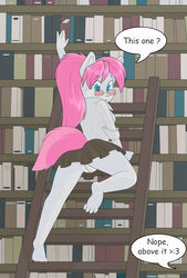 >:3 anthro blue_eyes book canine canine clothed clothing dialog english_text eyewear female fur glasses hair helsy librarian library looking_back mammal pink_hair pussy skimpy skirt solo text upskirt white_fur