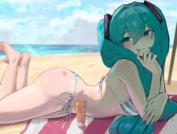 aqua_nails ass beach blanco2k1 blush closed_mouth feet_up from_side hatsune_miku large_ass looking_back looking_to_the_side lying_on_stomach seductive seductive_look shadow smile vocaloid