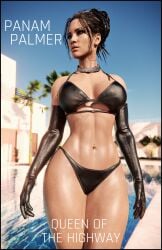 1female 3d artist_name big_breasts bikini brown_eyes curvaceous cyberpunk_2077 dark_hair earrings female female_only fit fit_female gloves honeyboy3d necklace panam_palmer piercing self_upload standing tan_body tattoo text wide_hips