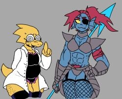 2026 2d 2girls abs alphys anthro armor bikini_armor blue_body buckteeth character_sheet chubby chubby_female cute_fang eyepatch female female_only fishnets freckles glasses hairy_pussy kasi_7w7 labcoat muscular muscular_female pubic_hair red_hair scalie slightly_chubby swirly_glasses thick_thighs thighhighs undertale undertale_(series) undyne yellow_eyes