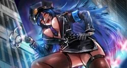 1girl 1girls absurdres between_breasts big_breasts black_gloves black_hat black_jacket black_skirt black_thighhighs blue_hair blue_necktie breasts clothes_between_breasts commentary cuffs english_commentary female formal_clothes garter_straps gloves hair_between_eyes handcuffs hat highres indie_virtual_youtuber jacket large_breasts long_hair looking_down miniskirt minsterpduke necktie necktie_between_breasts open_mouth oumiya_emma partially_unbuttoned police police_uniform policewoman red_eyes skirt skirt_suit solo suit thick_thighs thighhighs thighs tits virtual_youtuber vtuber