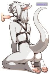 1_girl 1girl adult ai_assisted ai_generated anime anime_screencap collar detailed dragon_tail ear_piercing hand_on_penis horns lady leaning_back naked nora nude on_knees penis sexually_suggestive small_penis transgender view_from_behind white_background white_scales yellow_eyes