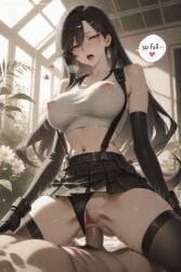 1boy 1girl ai_generated bangs bare_shoulders black_gloves black_hair black_legwear black_panties black_skirt blush breasts clitoris cowgirl_position cum earrings elbow_gloves erection final_fantasy_vii fingerless_gloves girl_on_top gloves half-closed_eyes heart hetero hi_res high_quality high_resolution jewelry large_breasts long_hair low-tied_long_hair midriff miniskirt navel open_mouth panties panties_aside patreon penis pleated_skirt pussy seductive sex sexy shirt skirt solo_focus speech_bubble straddling suspender_skirt suspenders sweat tank_top taut_clothes taut_shirt thighhighs tifa_lockhart uncensored underwear vaginal watermark window