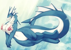 big_breasts big_tail bottomless breasts claws dragon female floating huge_breasts looking_at_viewer midriff mrsk navel nude open_mouth orange_eyes pinup scalie sea_dragon skimpy solo underwater water