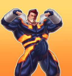 1boy bara beard_stubble blush boku_no_hero_academia censored commentary_request covered_abs covered_pectorals covered_penis double_biceps_pose endeavor_(boku_no_hero_academia) energy_camdy erection facial_hair flexing gradient_background highres male_focus mosaic_censoring muscular muscular_arms muscular_male mustache_stubble pectorals red_hair scar scar_on_face short_hair simple_background skin_tight solo stubble thick_thighs thighs variant_set