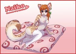 2014 anthro breasts chest_tuft ear_piercing feline female fur furry hair hairbow lying mammal naiko nude on_side orange_hair piercing pussy rukifox solo tan_fur tuft