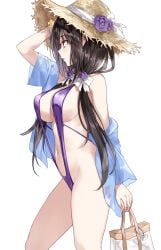 1girl asle beach_bag black_hair blue_shirt blush bracelet cleavage date_a_live flower_hat hair_flower large_breasts long_hair looking_away monokini off_shoulder open_shirt profile purple_swimsuit shirt sideboob sling_swimsuit solo standing straw_hat summer sun_hat tokisaki_kurumi tote_bag underboob