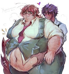 2boys alternate_body_type artist_signature belly_button belly_overhang bhm big_belly big_moobs blush blushing blushing_male bottom_heavy bottom_heavy_male bottomless brown_eyes brown_hair colored complex_shading dark-skinned_male digital_media_(artwork) double_chin fat_ass fat_belly fat_face fat_fetish fat_male gay glasses grabbing grabbing_belly grabbing_from_behind gregor_(limbus_company) hairy_arms hairy_belly heart heart_symbol heathcliff_(limbus_company) highres innie_belly_button kekekekekekekk large_ass large_belly large_moobs large_thighs lcb_uniform_(project_moon) limbus_company long_hair_male long_haired_male looking_at_another male_focus male_only male_weight_gain mature_male moobs moobs_bigger_than_head more_at_source motion_lines nipple_bulge no_sex no_visible_genitalia obese obese_male overweight overweight_male project_moon scars_all_over simple_background smiling_at_partner stomach_grab stubble thick_ass thick_thighs three-quarter_view tie violet_eyes wardrobe_malfunction weight_gain wide_ass wide_hipped_male wide_hips wide_thighs wink winking_at_partner yaoi
