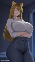 1girl ai_generated animal_ear_fluff animal_ears arms_under_breasts blonde_hair breasts brown_eyes brown_hair closed_mouth collared_shirt cowboy_shot crossed_arms curtains denim fox_ears huge_breasts indoors jeans kansai_neko_(yani_neko) long_hair long_sleeves looking_at_viewer night night_sky pants shirt shirt_tucked_in sky smile solo standing star_(sky) starry_sky thighs twitter_username white_shirt window yani_neko