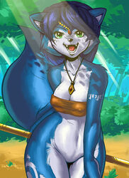 anthro blue_fur blue_hair bottomless breasts canine cbee chubby cleavage clothed clothing colored day fangs female forest fox front_view fur gaping_maw green_eyes hair half-dressed krystal looking_at_viewer markings navel necklace open_mouth outdoors polearm solo staff standing star_fox tattoo thigh_gap tree tube_top video_games voluptuous weapon wide_hips wood