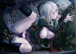 1girls 2boys abyssal_ship black_panties blush breast_grab breasts clothed_sex clothing fellatio female fingering fingering_from_behind fingering_partner fingering_under_clothes glowing glowing_eyes green_eyes group_sex hand_on_head kabeu_mariko kantai_collection leg_up long_hair male nipples open_clothes open_mouth open_shirt oral pale_skin panties penetration penis personification plaid_skirt pussy pussy_juice school_uniform sex shinkaisei-kan shirt shirt_down silver_hair skirt skirt_lift solo_focus spread_legs straight ta-class_battleship threesome underwear vaginal_penetration